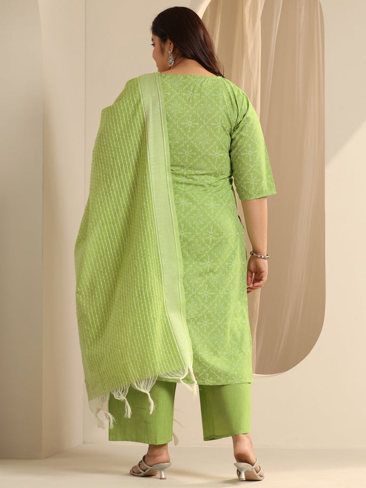 Green Printed Cotton Blend Straight Suit Set With Dupatta