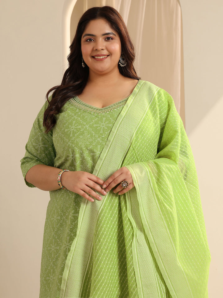 Green Printed Cotton Blend Straight Suit Set With Dupatta