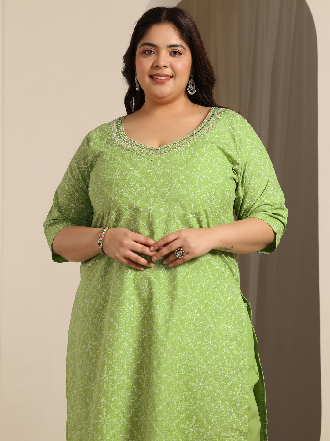 Green Printed Cotton Blend Straight Suit Set With Dupatta