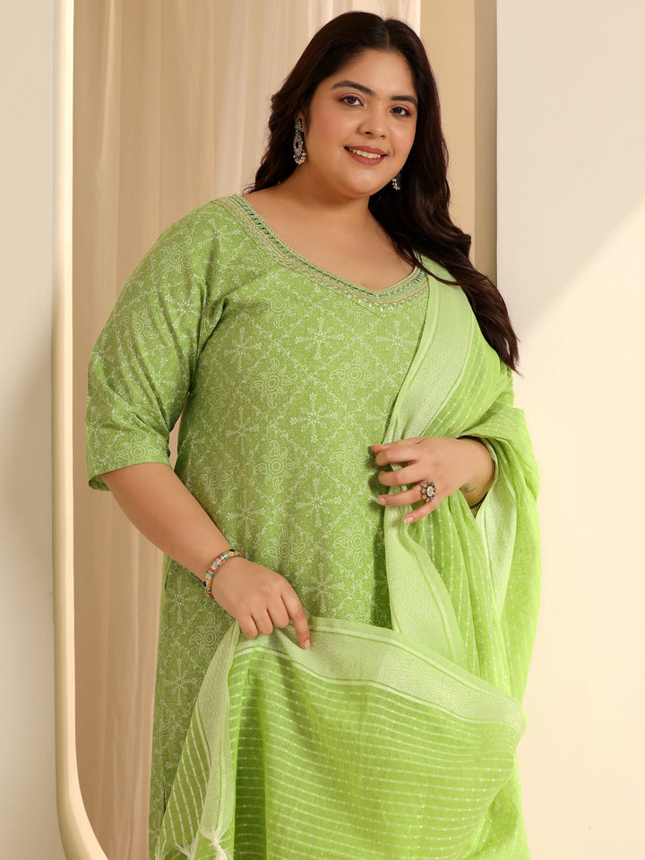 Green Printed Cotton Blend Straight Suit Set With Dupatta