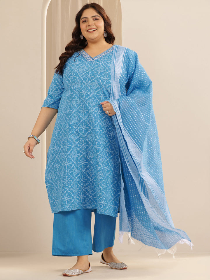Plus Size Blue Printed Cotton Blend Straight Suit Set With Dupatta