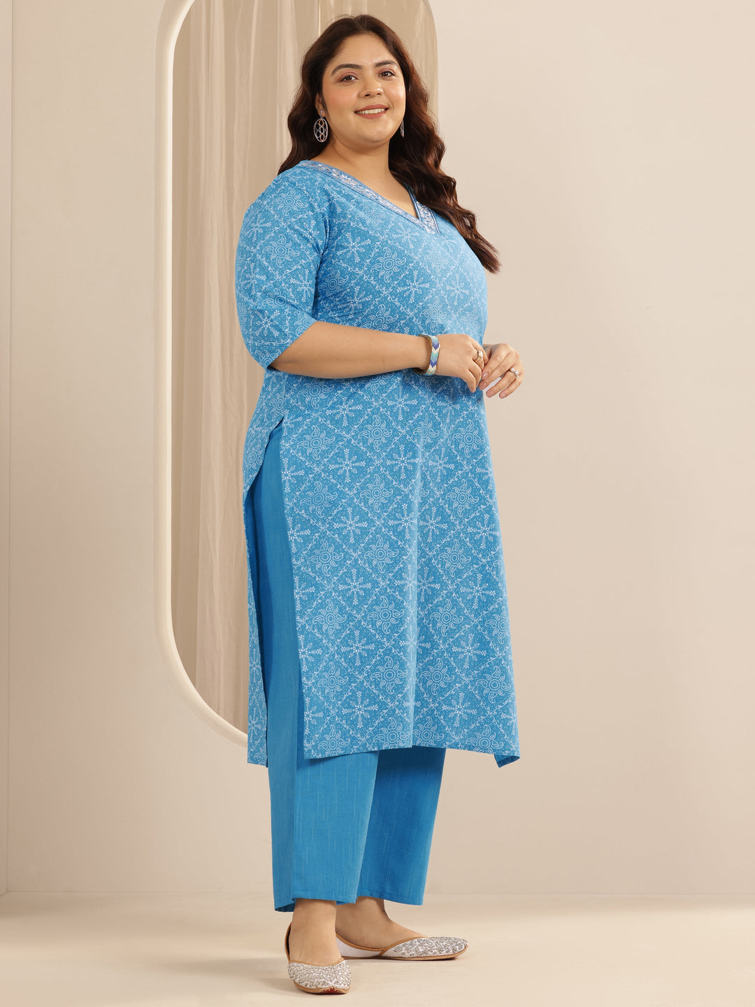 Plus Size Blue Printed Cotton Blend Straight Suit Set With Dupatta
