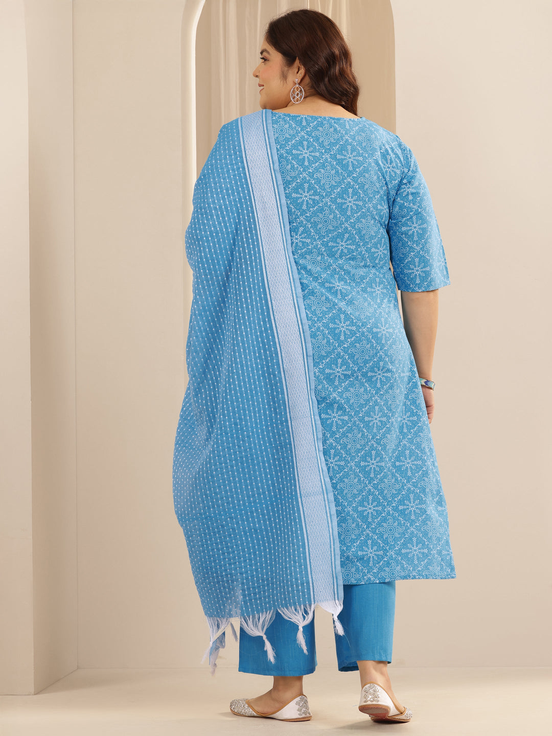 Plus Size Blue Printed Cotton Blend Straight Suit Set With Dupatta