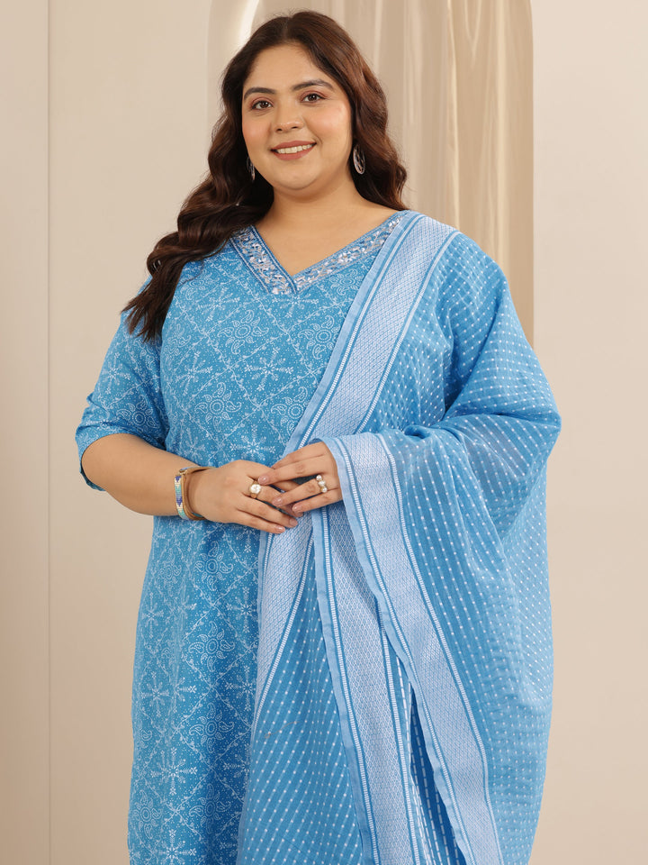 Plus Size Blue Printed Cotton Blend Straight Suit Set With Dupatta