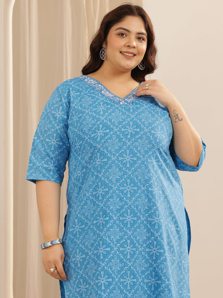 Plus Size Blue Printed Cotton Blend Straight Suit Set With Dupatta
