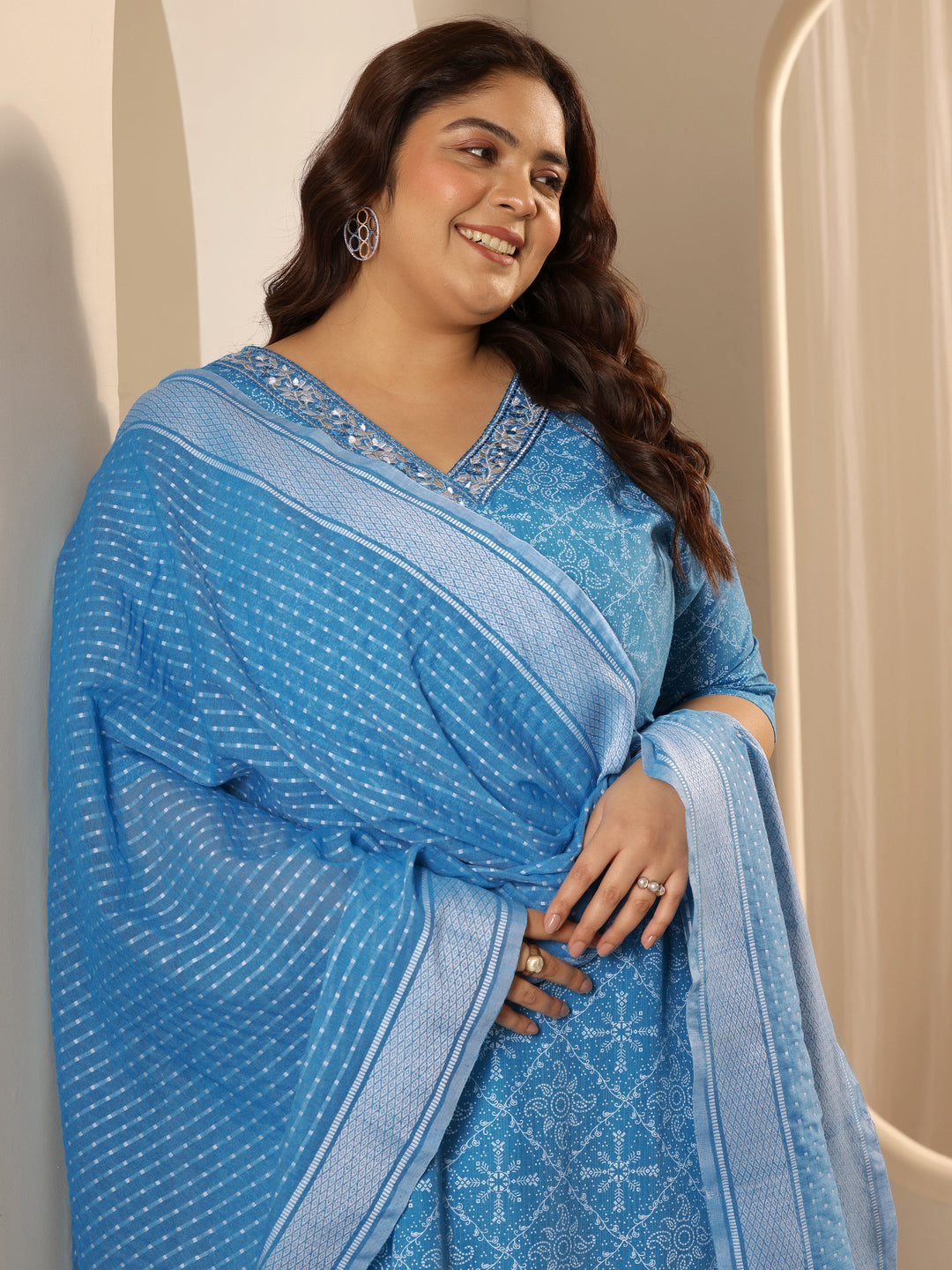 Plus Size Blue Printed Cotton Blend Straight Suit Set With Dupatta