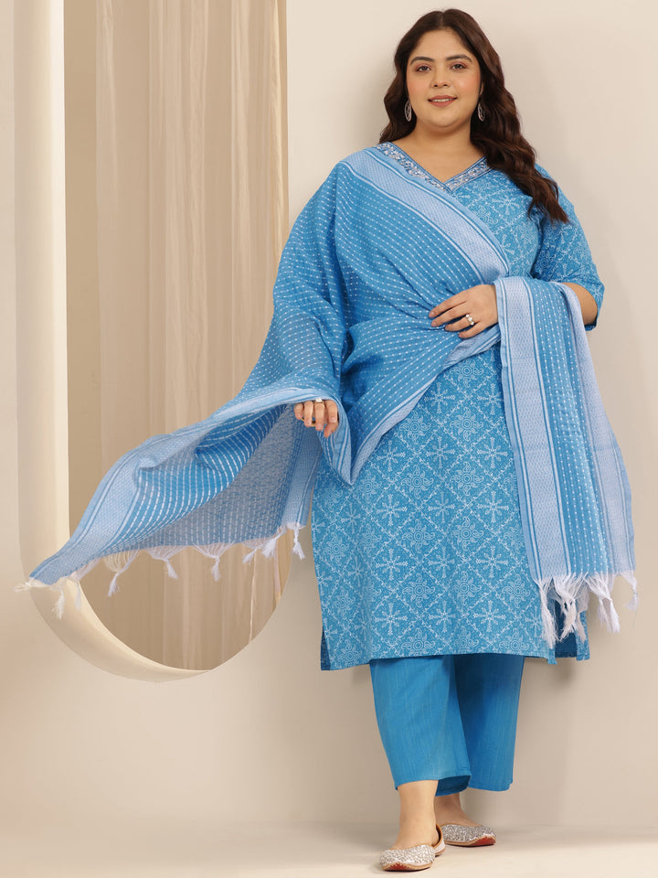 Plus Size Blue Printed Cotton Blend Straight Suit Set With Dupatta