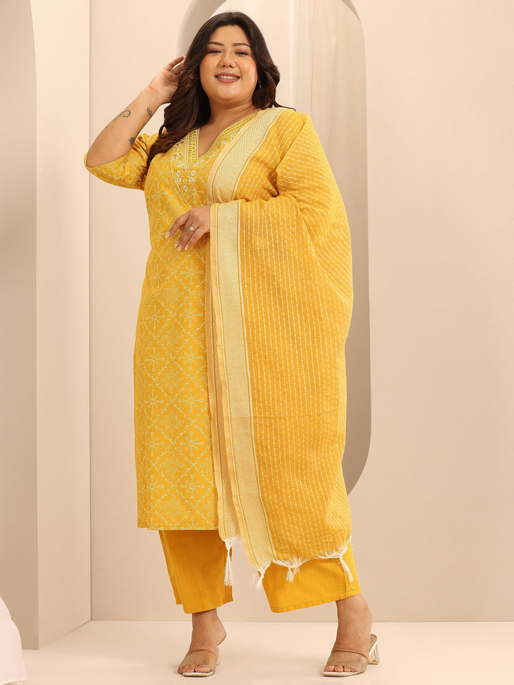 Plus Size Yellow Printed Cotton Blend Straight Suit Set With Dupatta