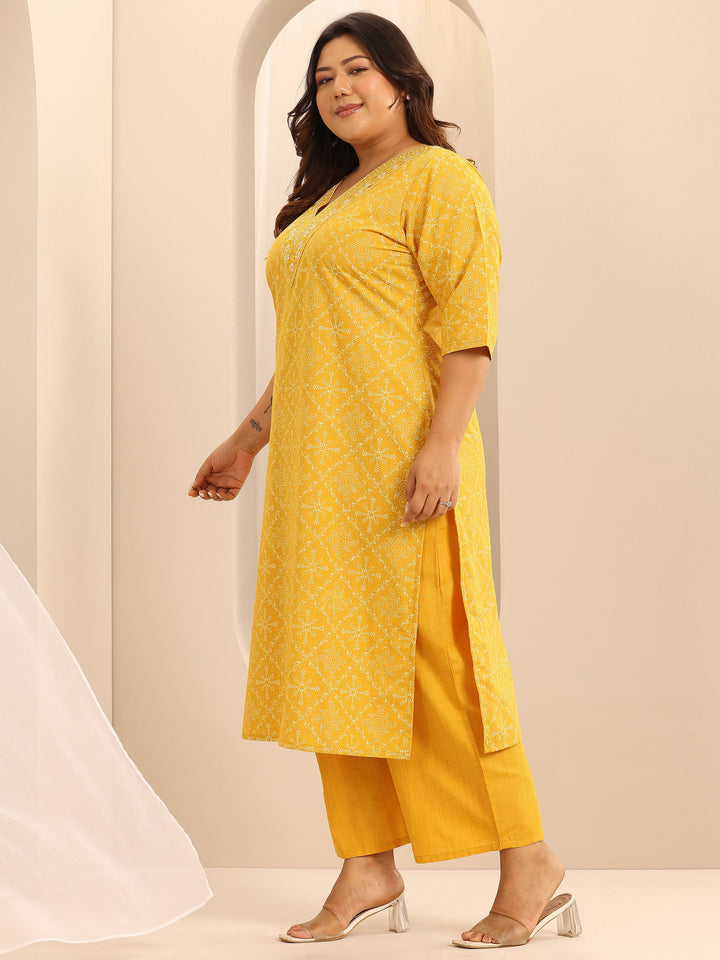 Plus Size Yellow Printed Cotton Blend Straight Suit Set With Dupatta