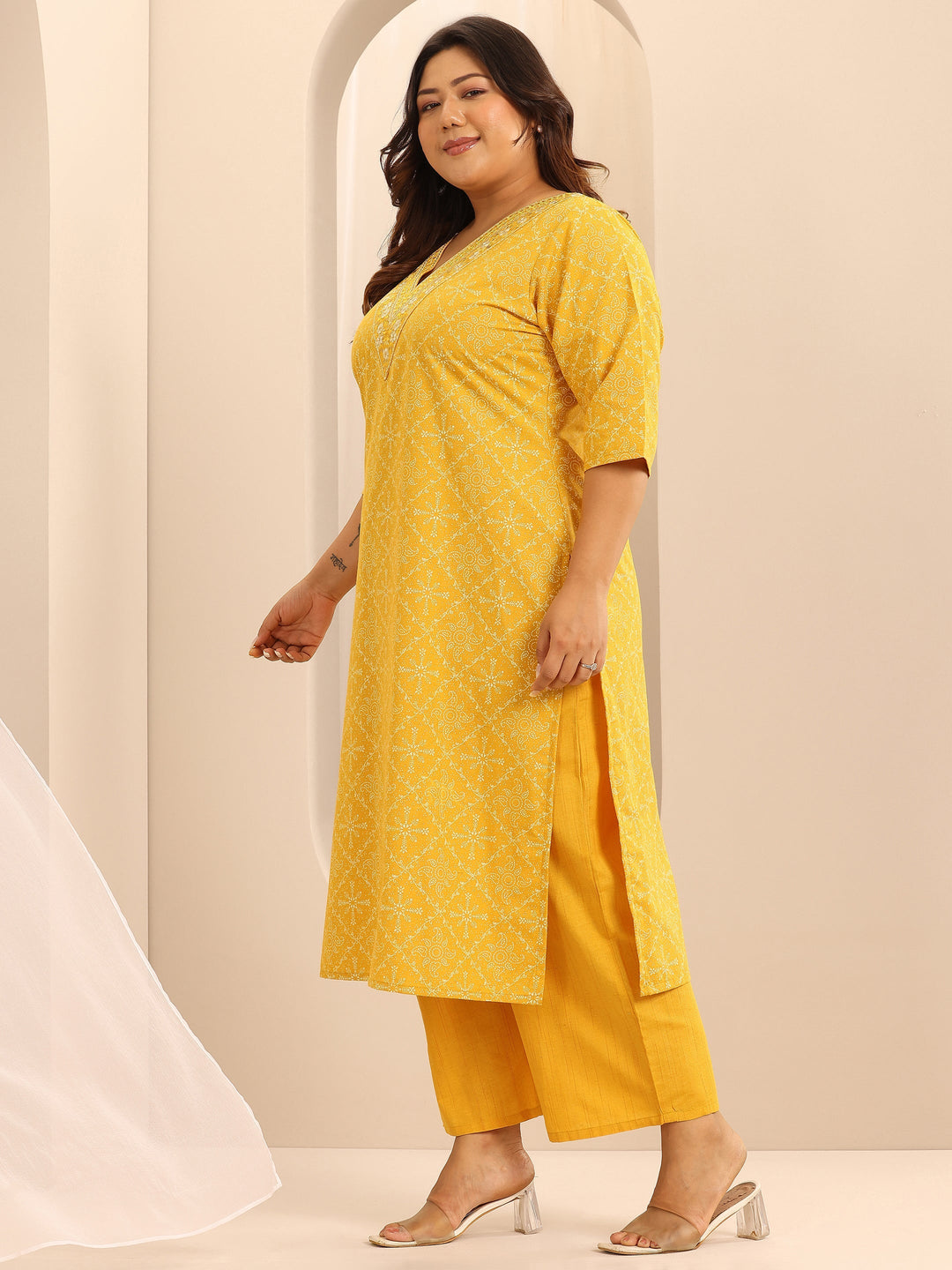 Plus Size Yellow Printed Cotton Blend Straight Suit Set With Dupatta