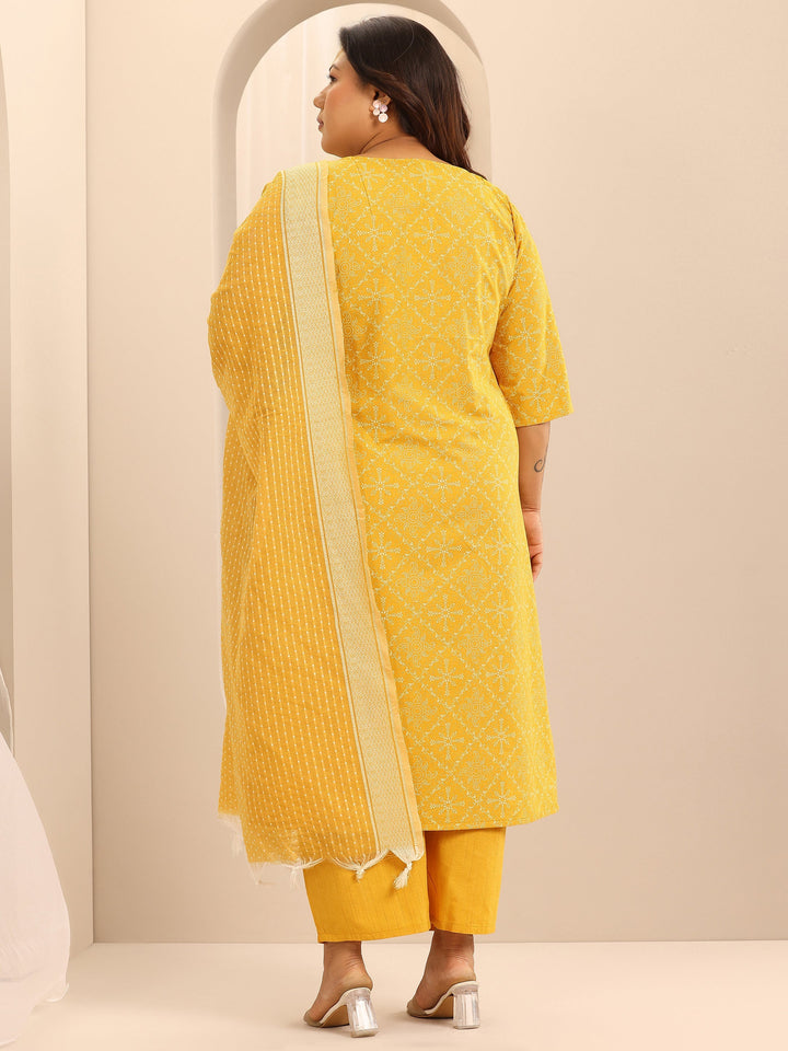 Plus Size Yellow Printed Cotton Blend Straight Suit Set With Dupatta