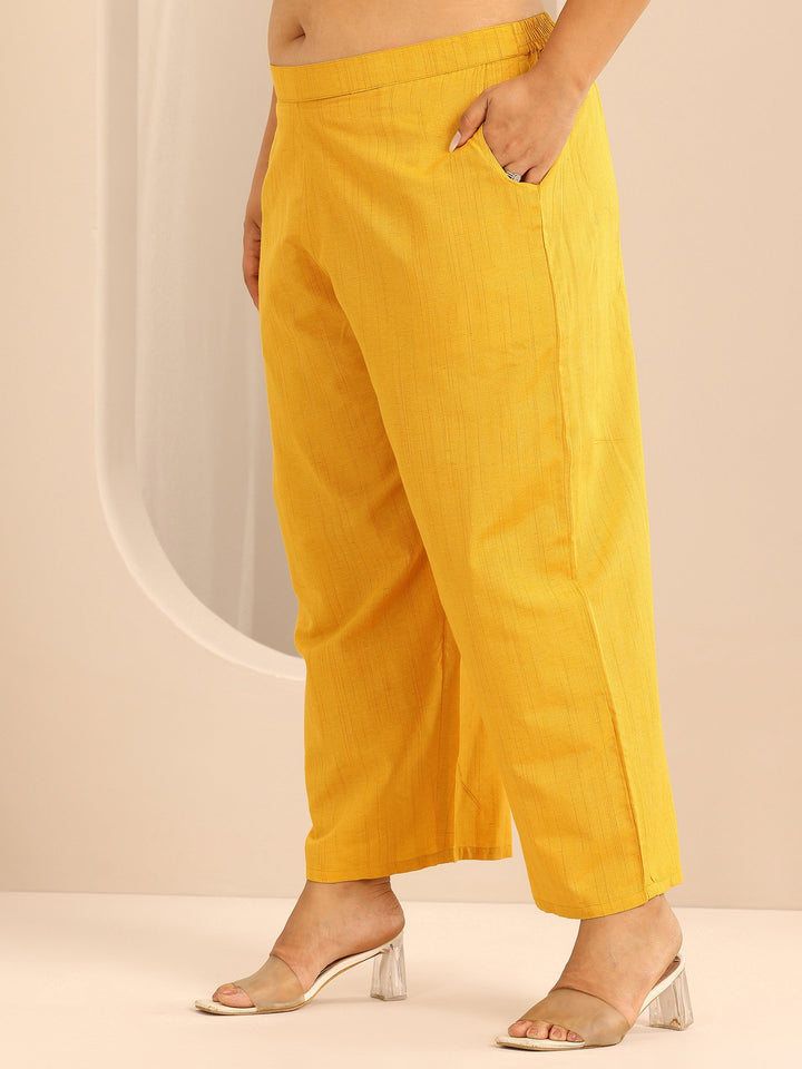 Plus Size Yellow Printed Cotton Blend Straight Suit Set With Dupatta
