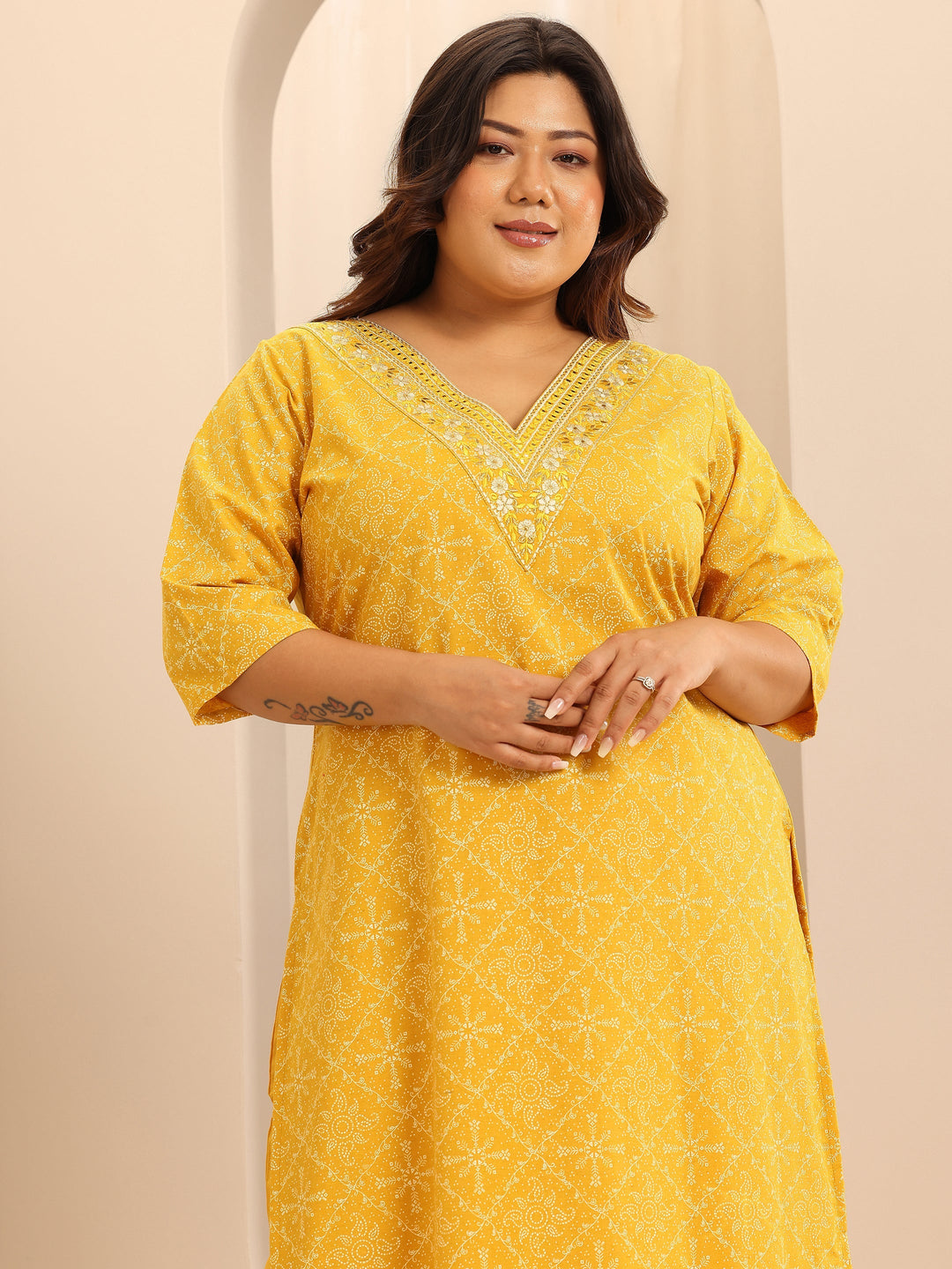 Plus Size Yellow Printed Cotton Blend Straight Suit Set With Dupatta