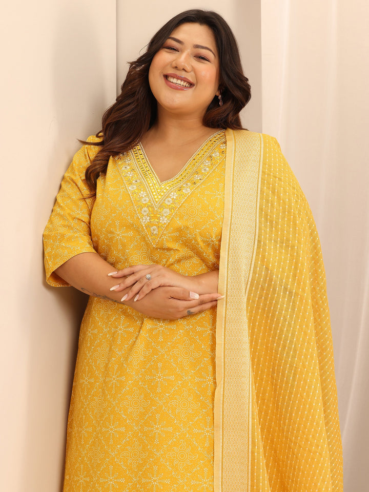 Plus Size Yellow Printed Cotton Blend Straight Suit Set With Dupatta
