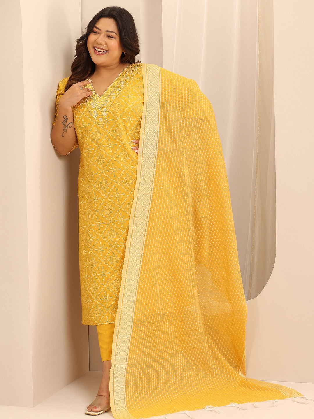 Plus Size Yellow Printed Cotton Blend Straight Suit Set With Dupatta