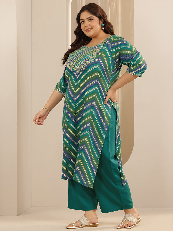 Plus Size Green Printed Viscose Straight Suit Set With Dupatta