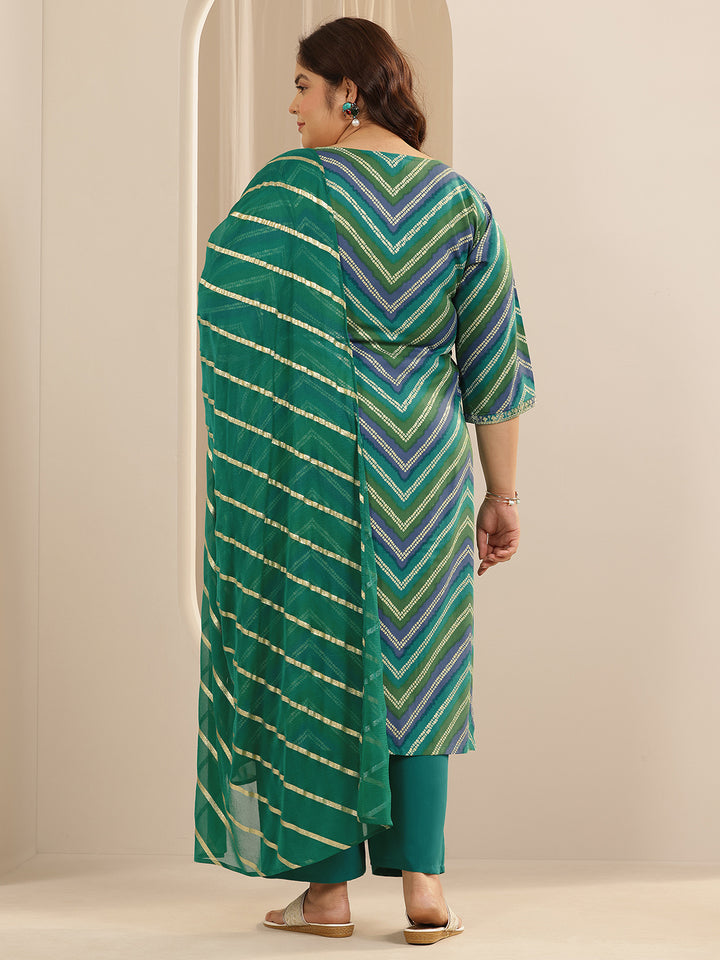 Plus Size Green Printed Viscose Straight Suit Set With Dupatta