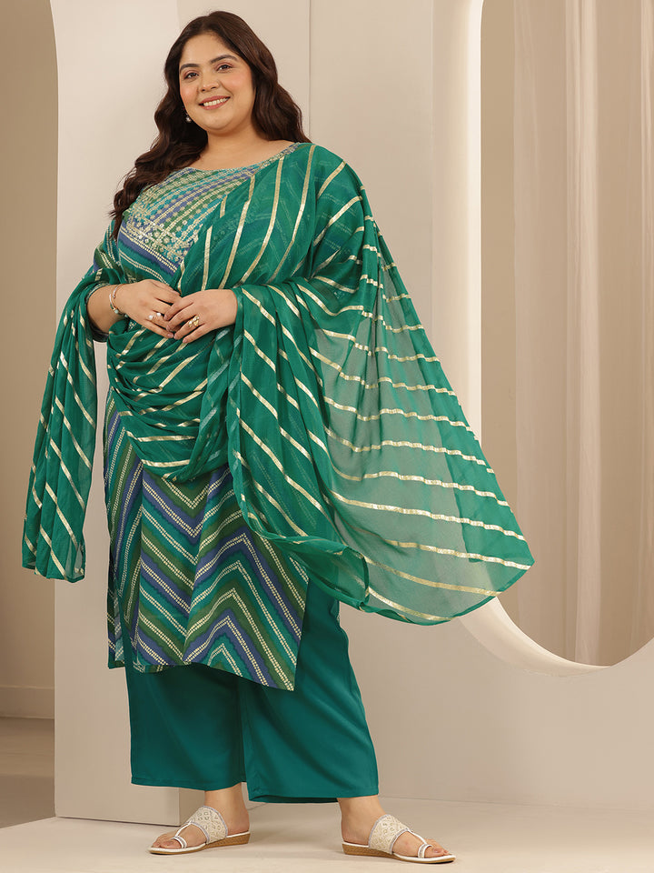 Plus Size Green Printed Viscose Straight Suit Set With Dupatta