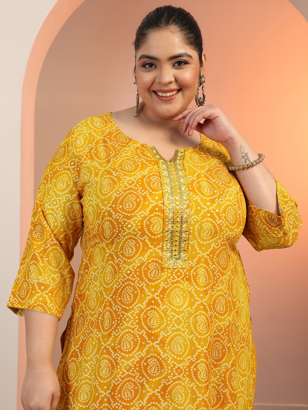 Plus Size Mustard Printed Viscose Straight Suit Set With Dupatta