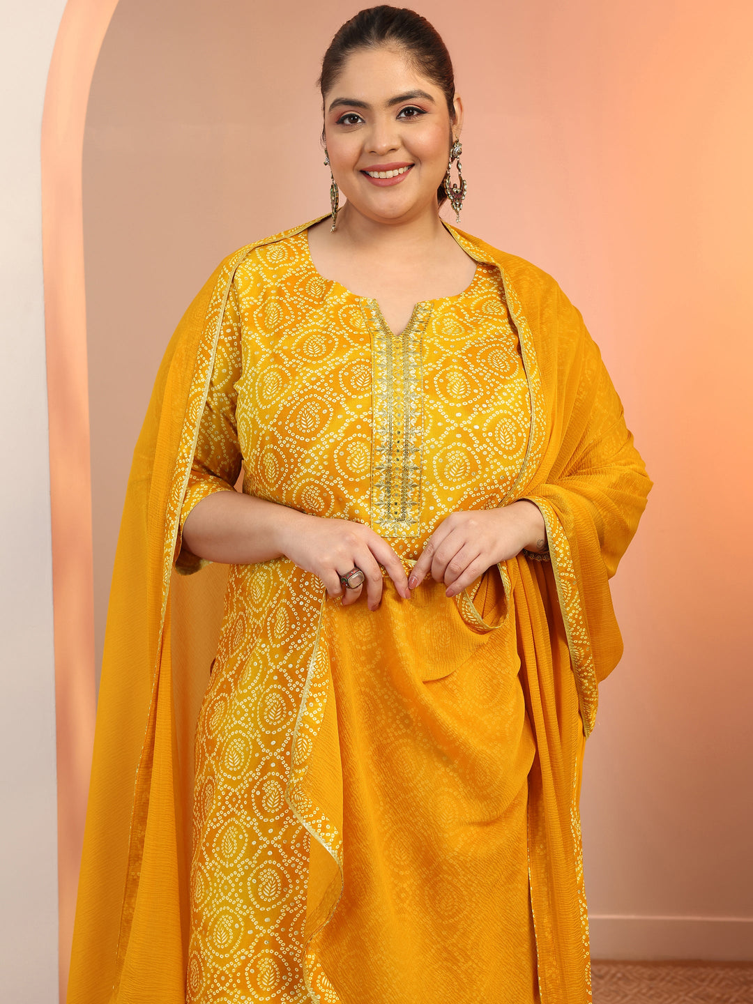 Plus Size Mustard Printed Viscose Straight Suit Set With Dupatta
