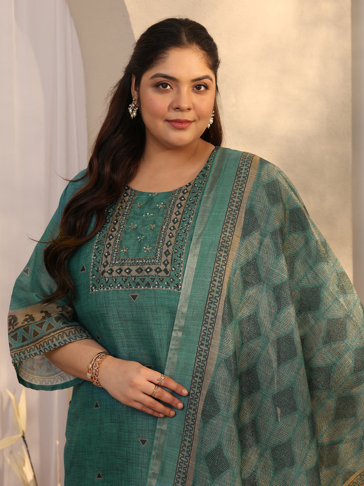 Plus Size Green Embellished Silk blend Straight Suit Set With Dupatta