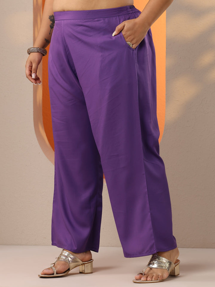 Plus Size Purple Printed Viscose Straight Suit Set With Dupatta