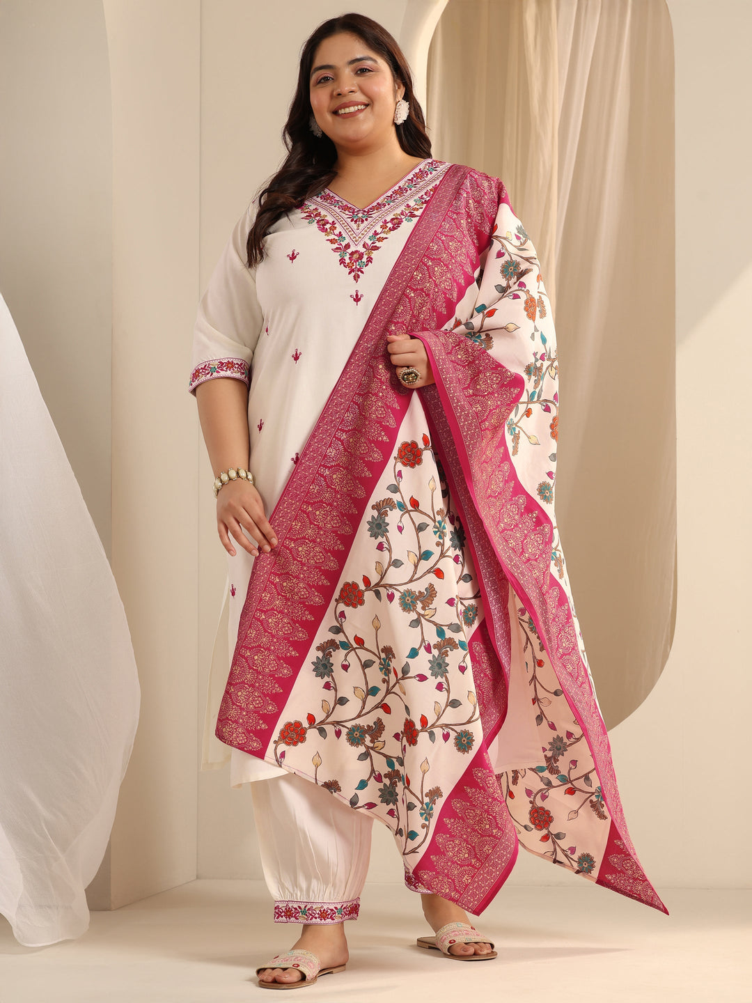 White Embroidered Viscose Straight Suit Set With Dupatta