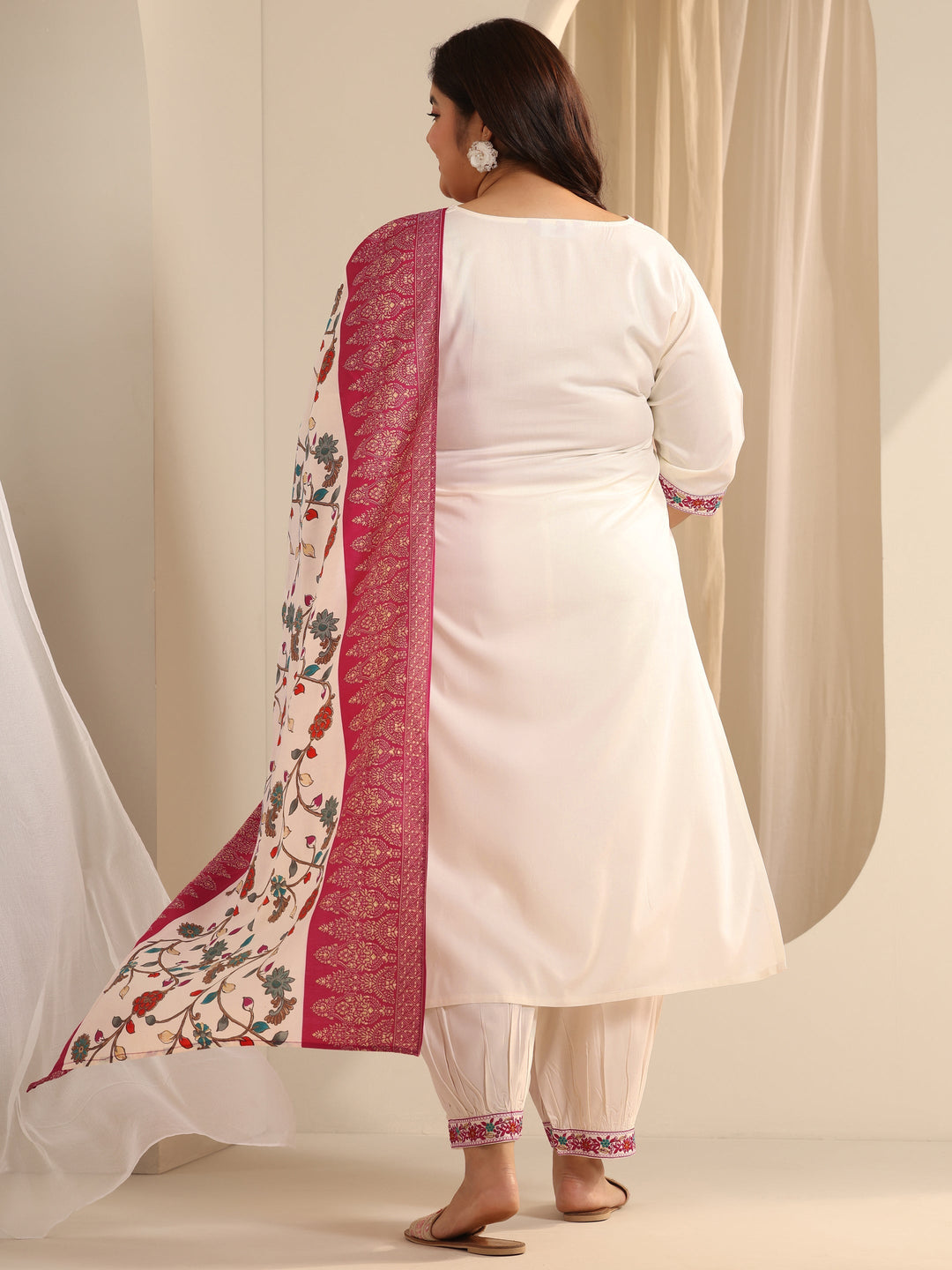 White Embroidered Viscose Straight Suit Set With Dupatta