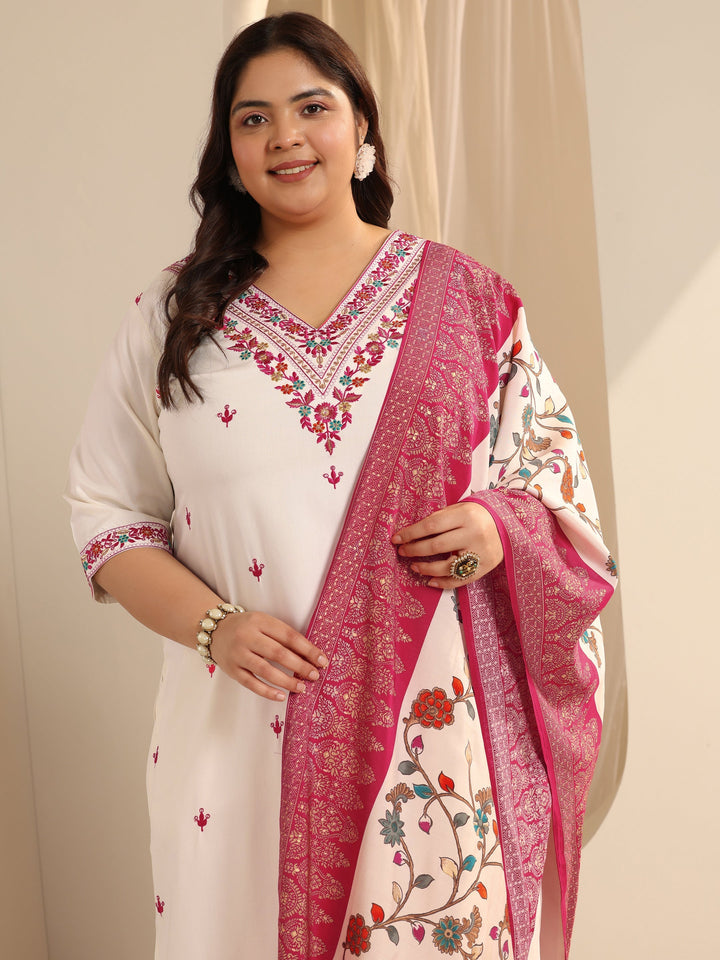 White Embroidered Viscose Straight Suit Set With Dupatta