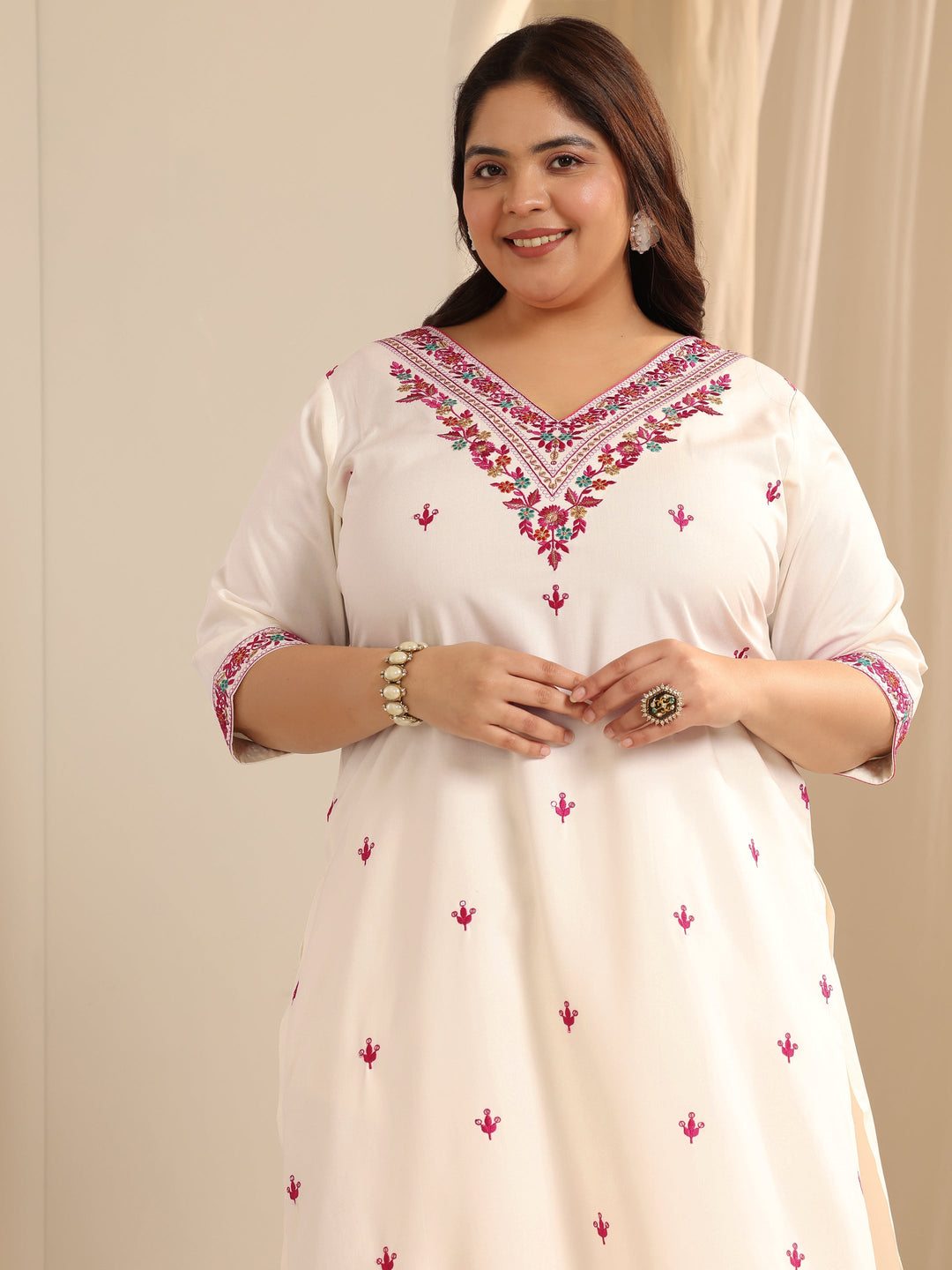 White Embroidered Viscose Straight Suit Set With Dupatta