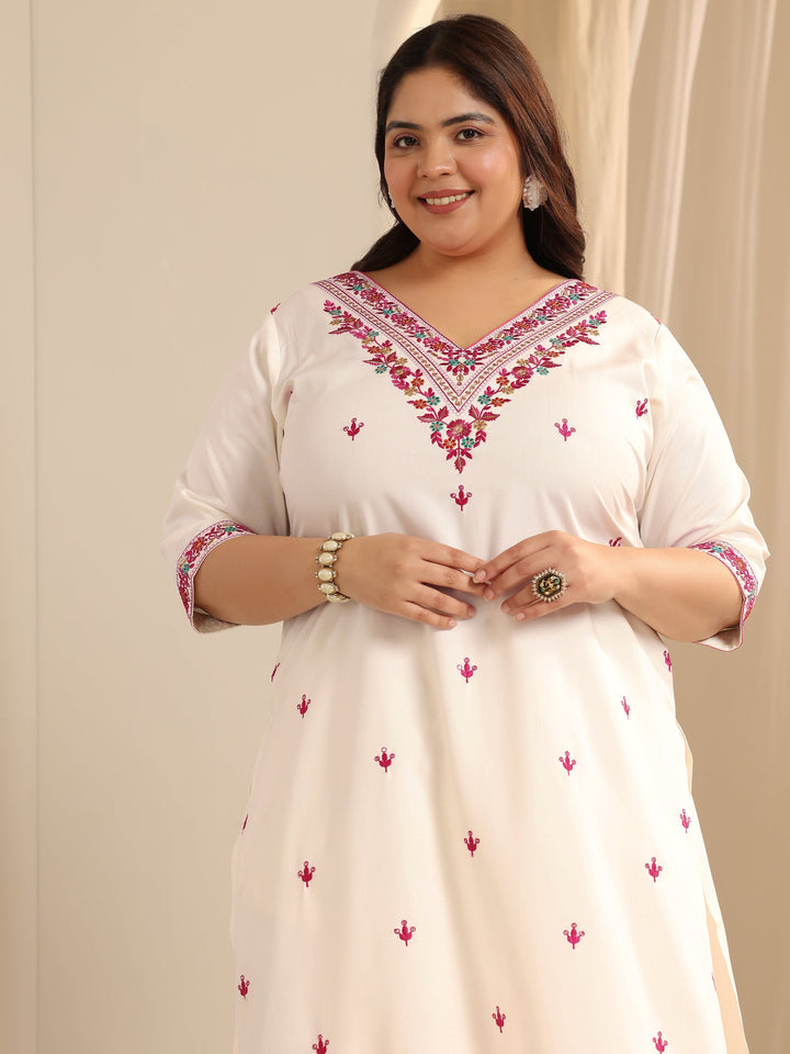 White Embroidered Viscose Straight Suit Set With Dupatta
