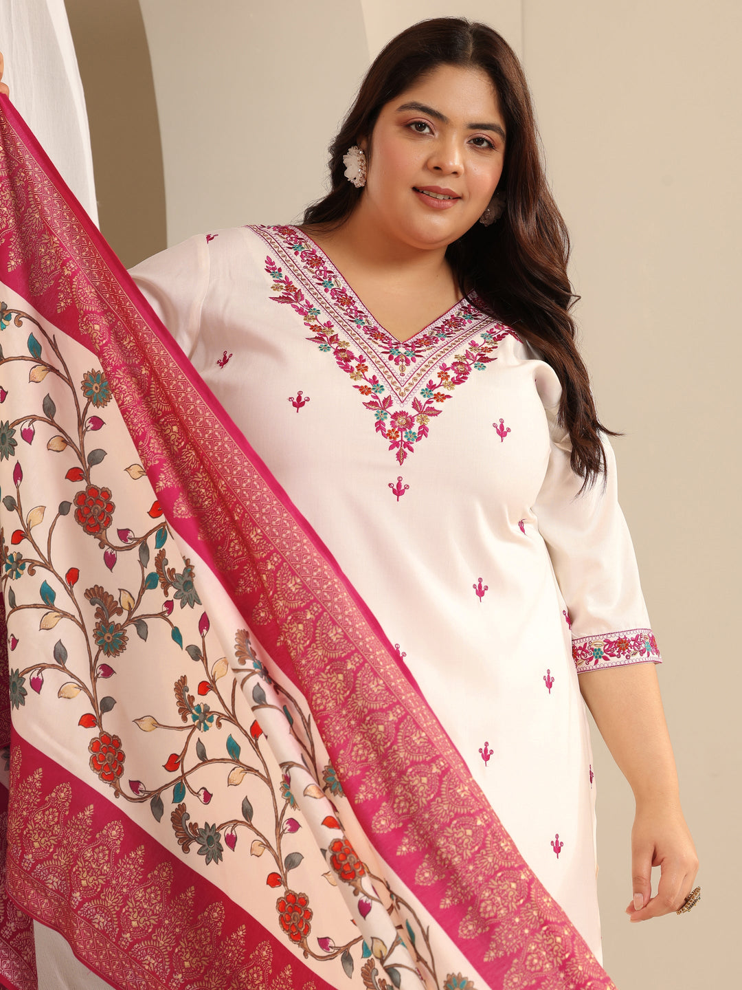 White Embroidered Viscose Straight Suit Set With Dupatta