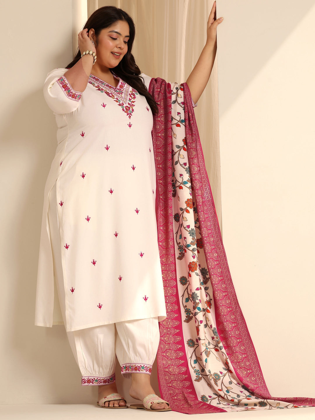 White Embroidered Viscose Straight Suit Set With Dupatta