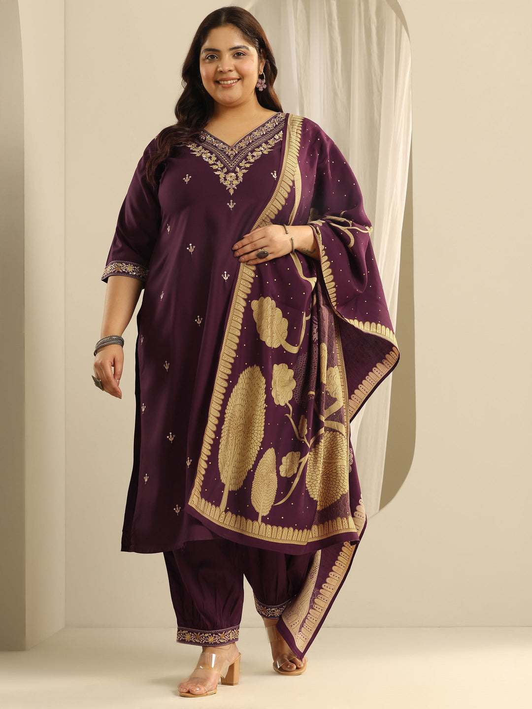 Plus Size Burgundy Embroidered Viscose Straight Suit Set With Dupatta