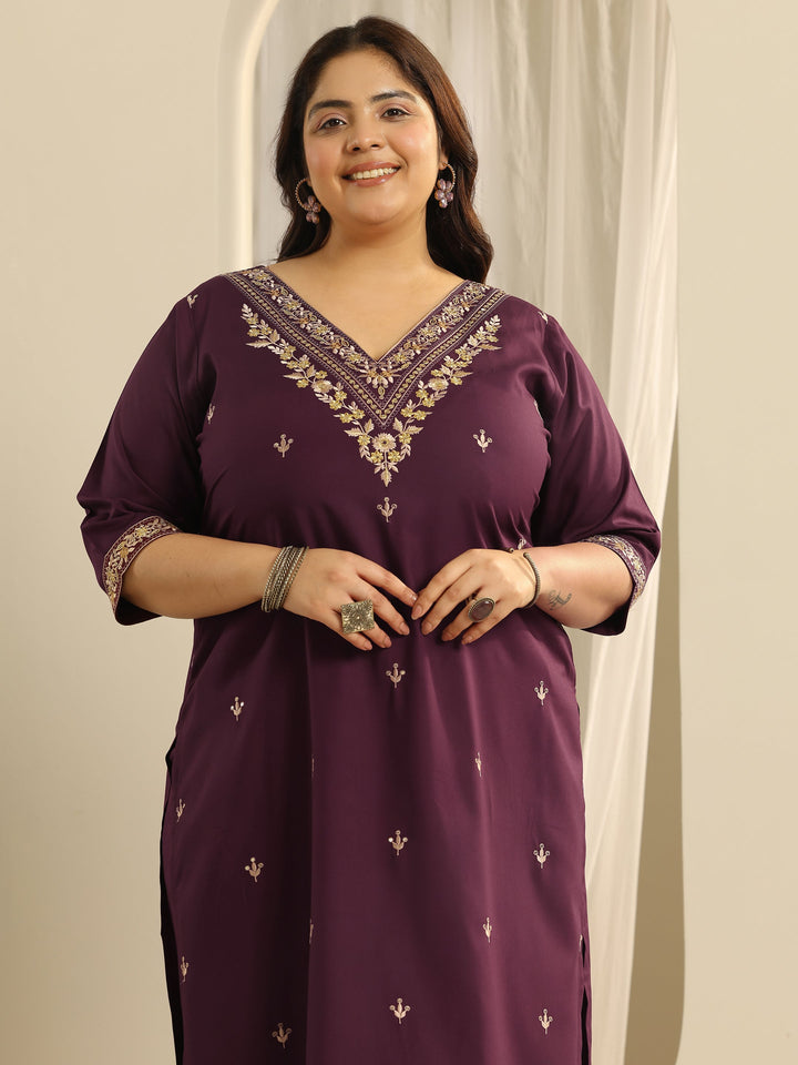 Plus Size Burgundy Embroidered Viscose Straight Suit Set With Dupatta