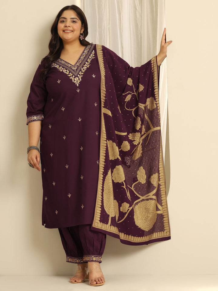 Plus Size Burgundy Embroidered Viscose Straight Suit Set With Dupatta