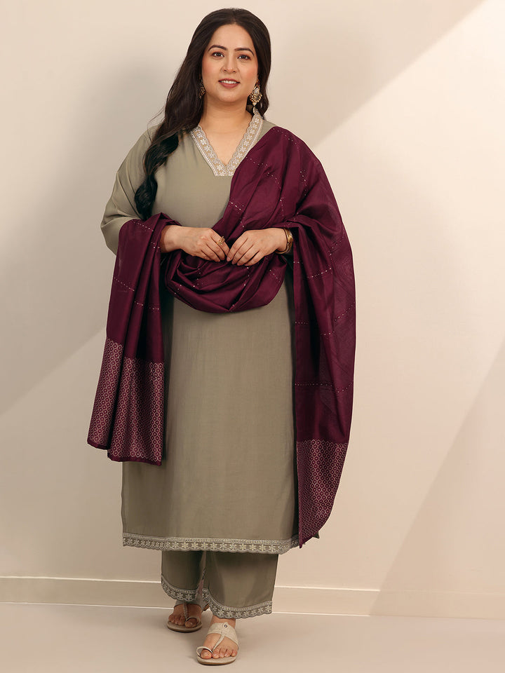 Plus Size Golden Solid Silk Blend Straight Suit Set With Dupatta