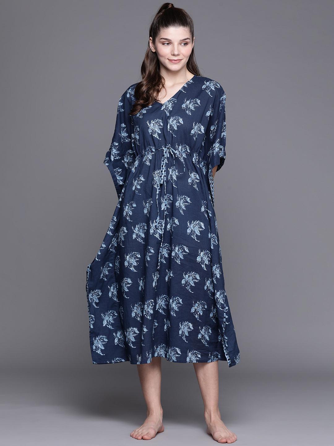 Blue Cotton Printed Kaftan Nightdress - ShopLibas