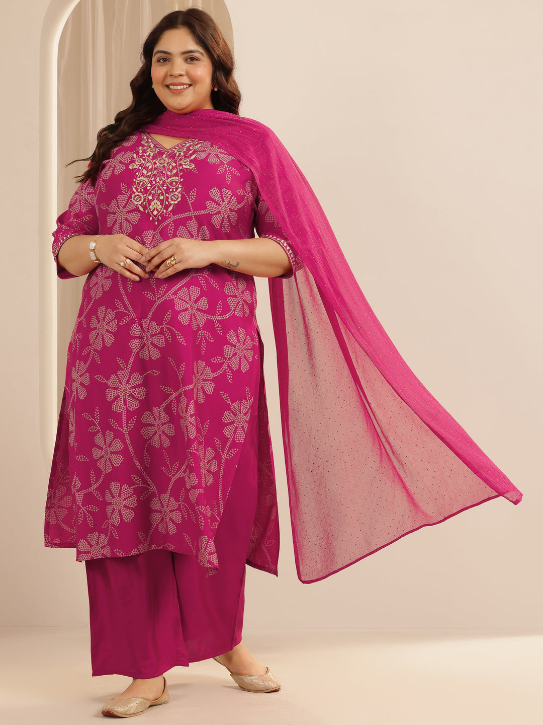 Plus Size Pink Printed Silk blend Straight Suit Set With Dupatta