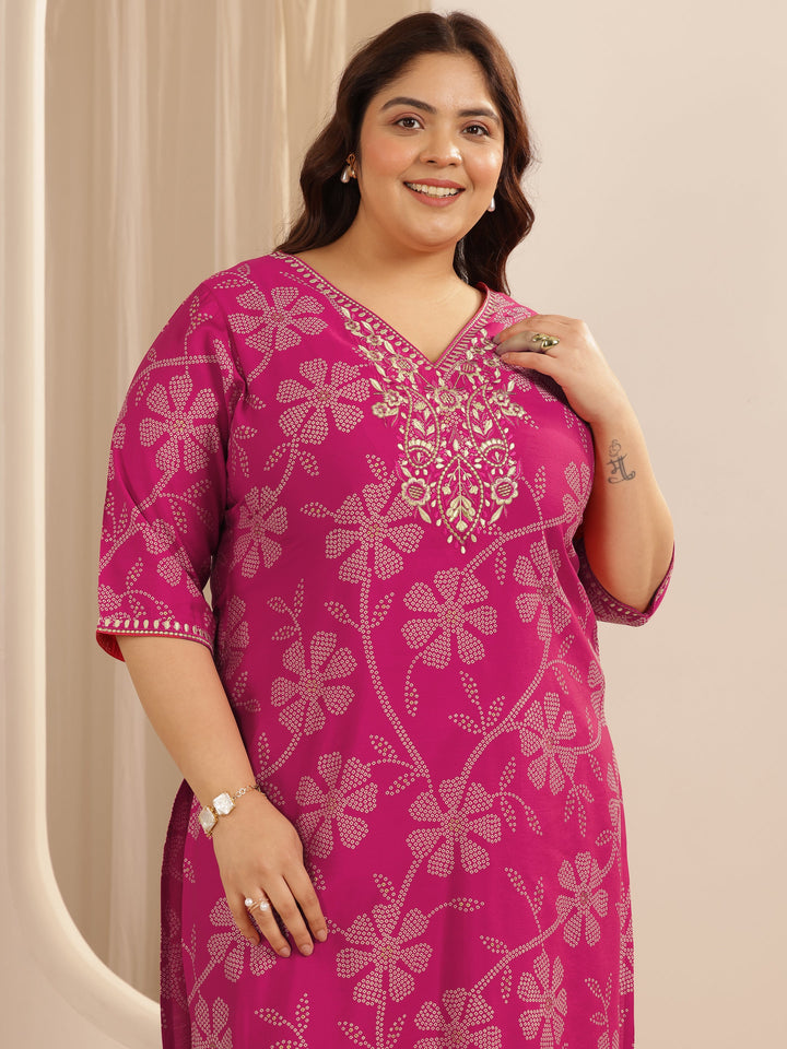 Plus Size Pink Printed Silk blend Straight Suit Set With Dupatta