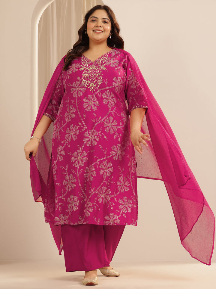 Plus Size Pink Printed Silk blend Straight Suit Set With Dupatta