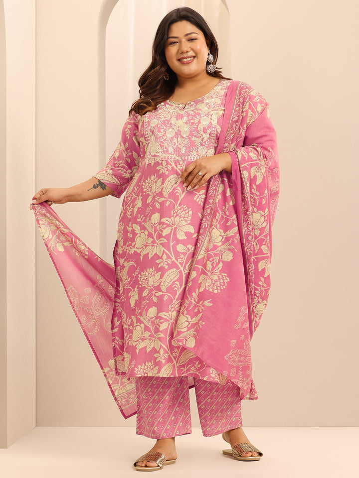 Plus Size Pink Printed Silk Blend Suit Set With Dupatta