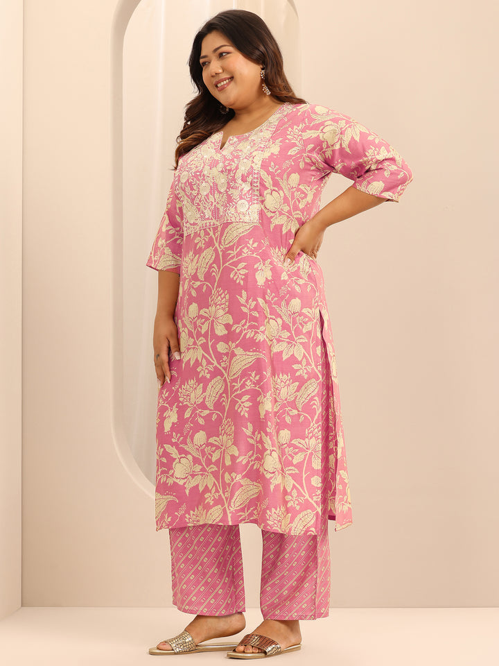 Plus Size Pink Printed Silk Blend Suit Set With Dupatta