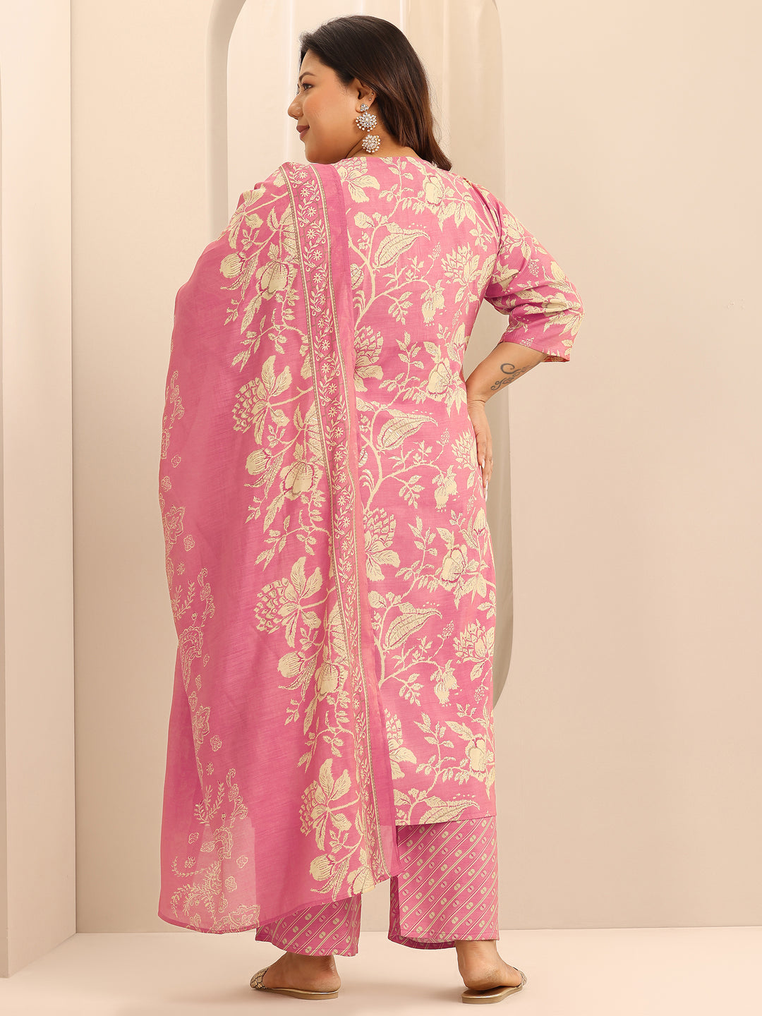 Plus Size Pink Printed Silk Blend Suit Set With Dupatta