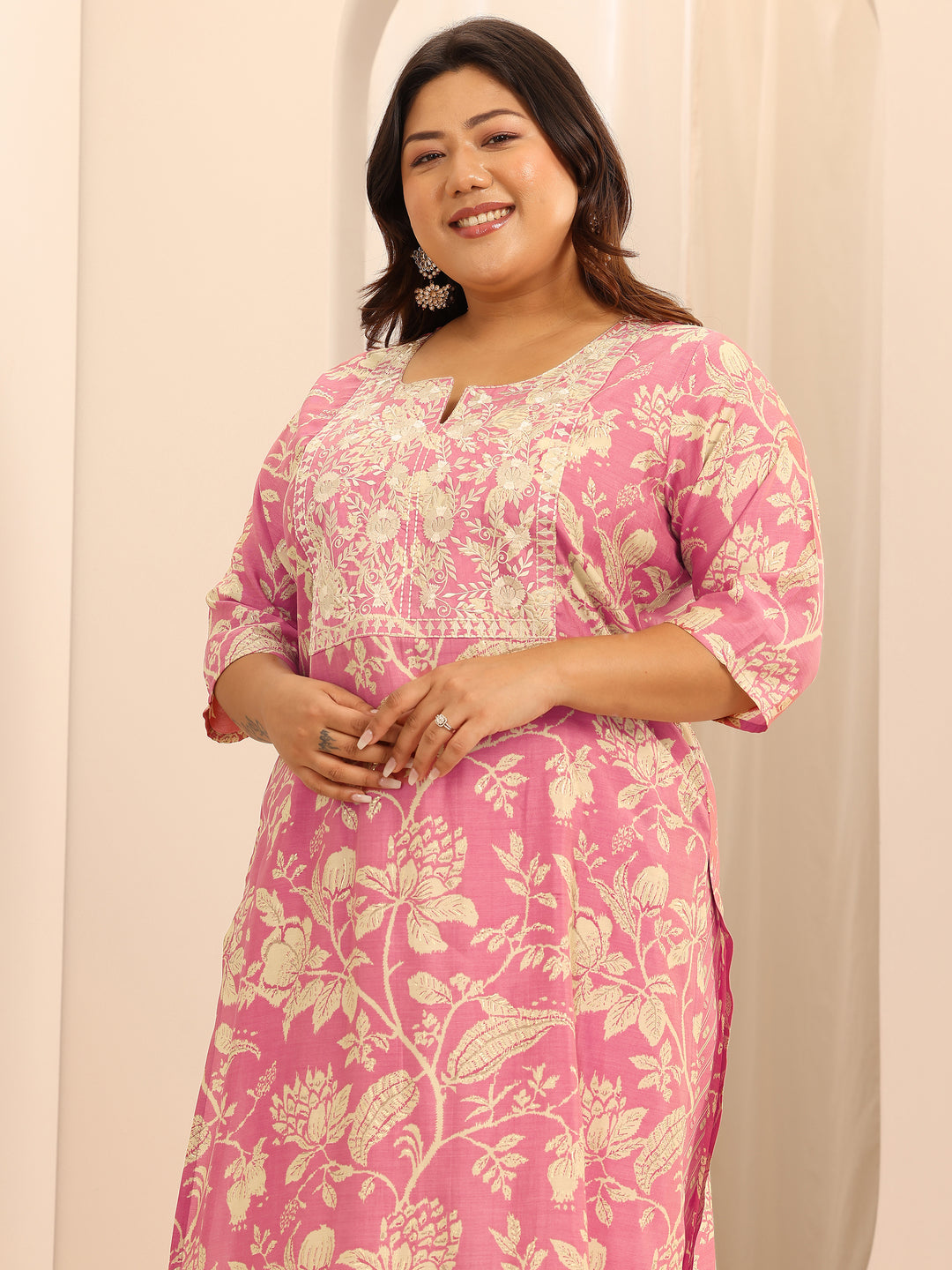 Plus Size Pink Printed Silk Blend Suit Set With Dupatta