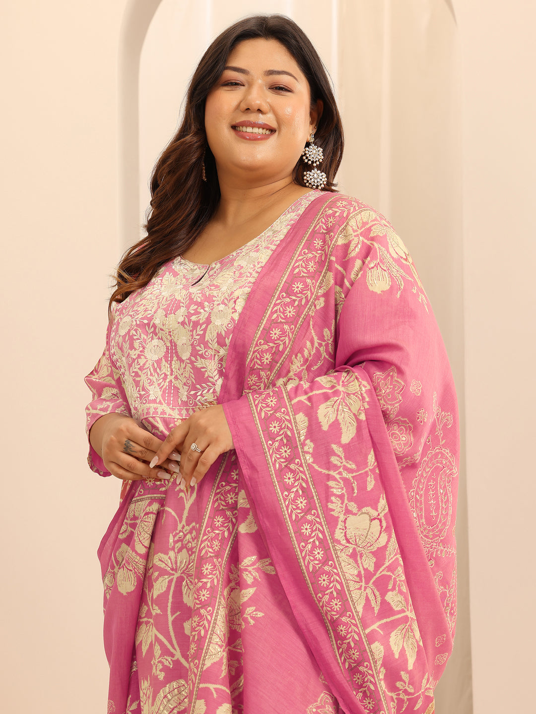 Plus Size Pink Printed Silk Blend Suit Set With Dupatta