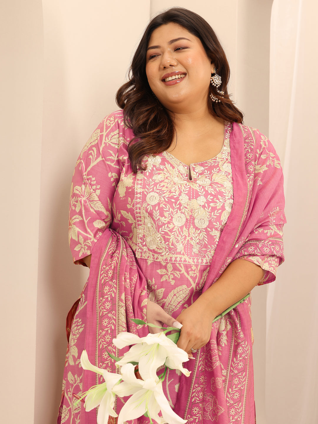 Plus Size Pink Printed Silk Blend Suit Set With Dupatta