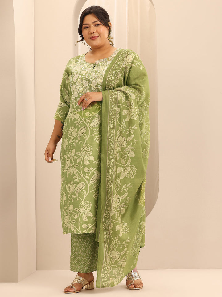 Plus Size Green Printed Silk Blend Straight Suit Set With Dupatta