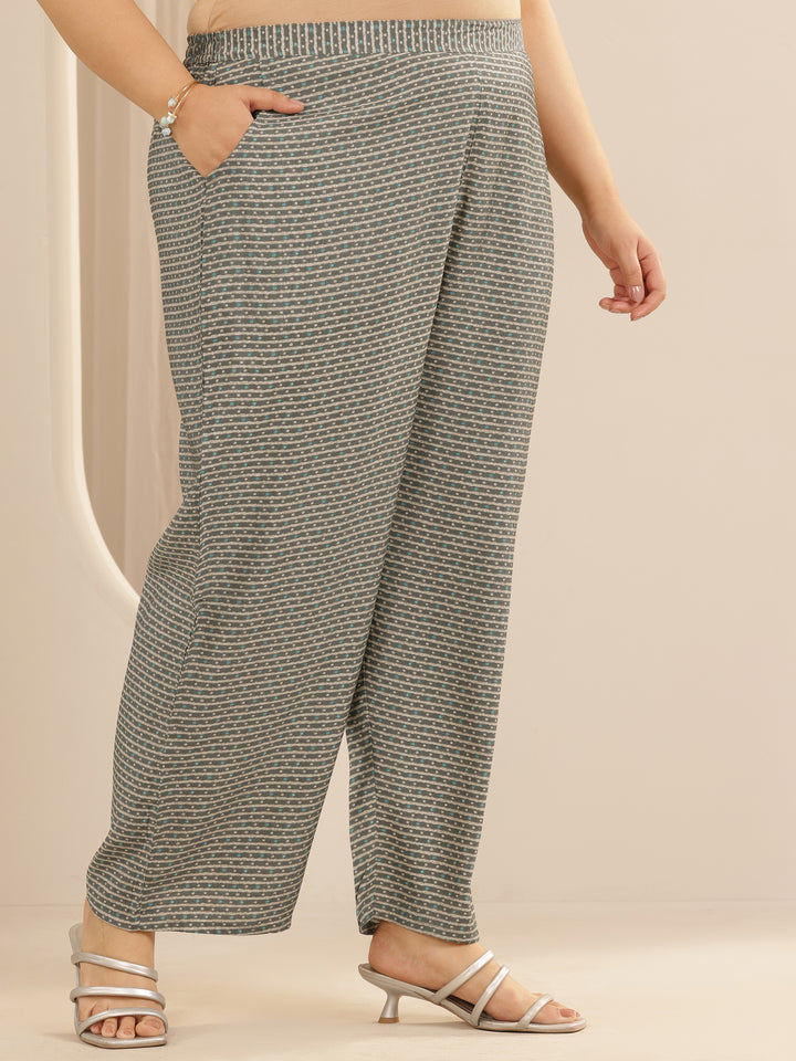 Plus Size Grey Printed Silk blend Straight Suit Set With Dupatta