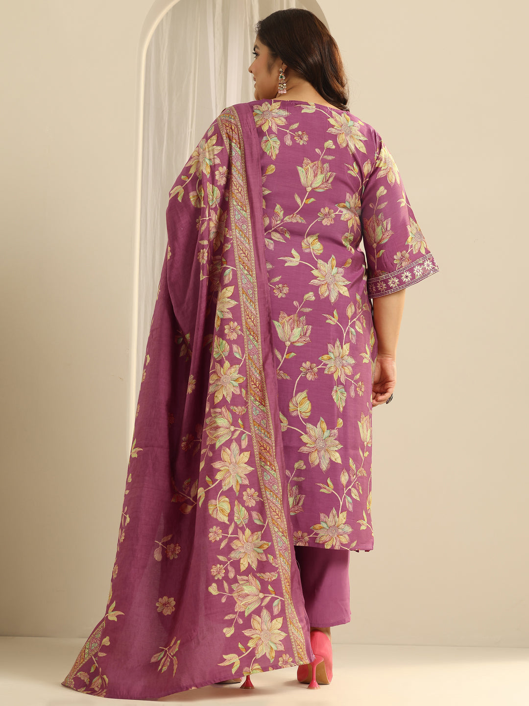 Plus Size Pink Printed Silk blend Straight Suit Set With Dupatta